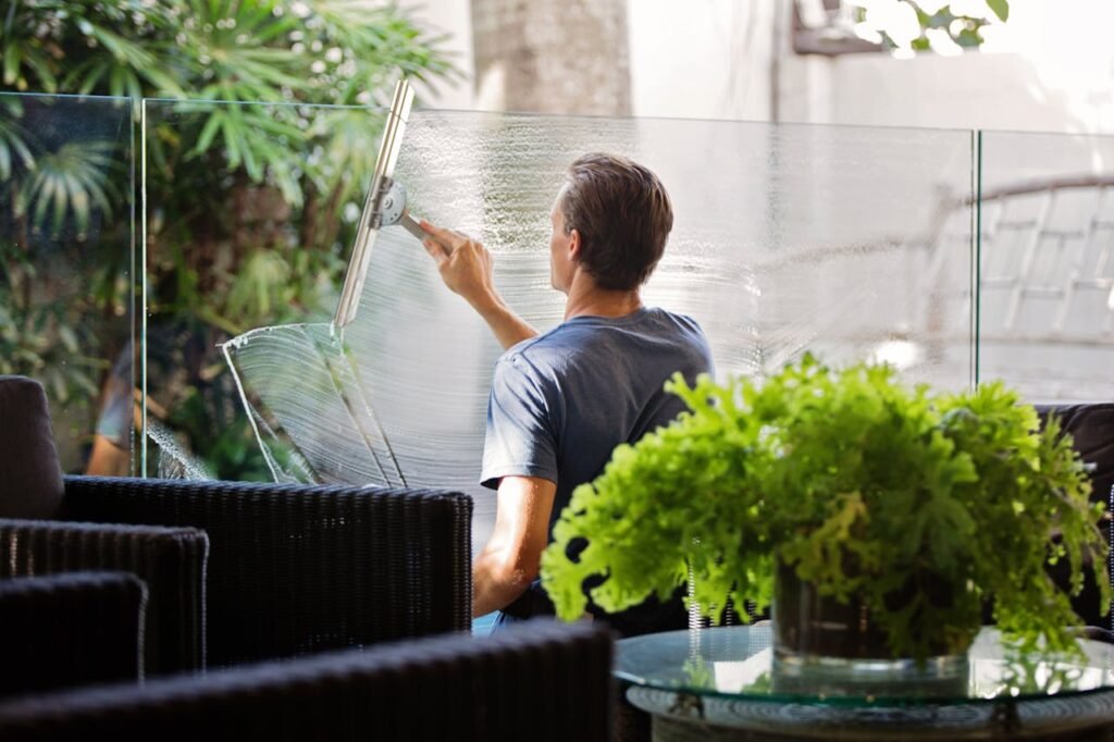 pexels-photo-713297 A man cleaning a glass barrier outdoors with a squeegee, surrounded by greenery.